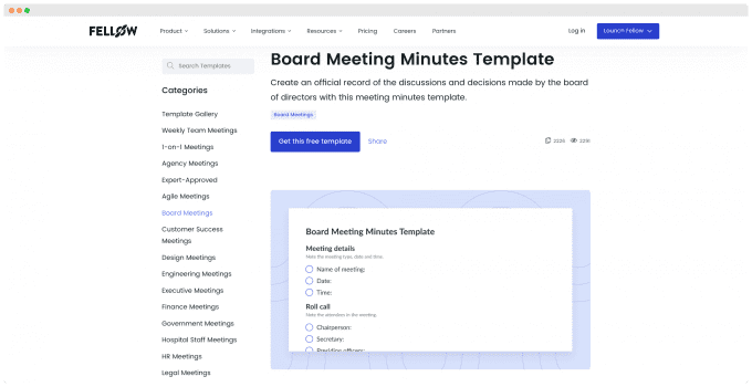 Fellow - Board Meeting Minutes Template